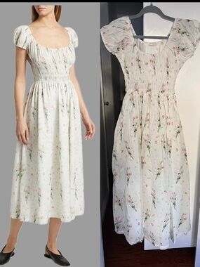 Doen Quinley Dress Painted Smocked Puff-Sleeve Midi Dress in Cream Floral,S